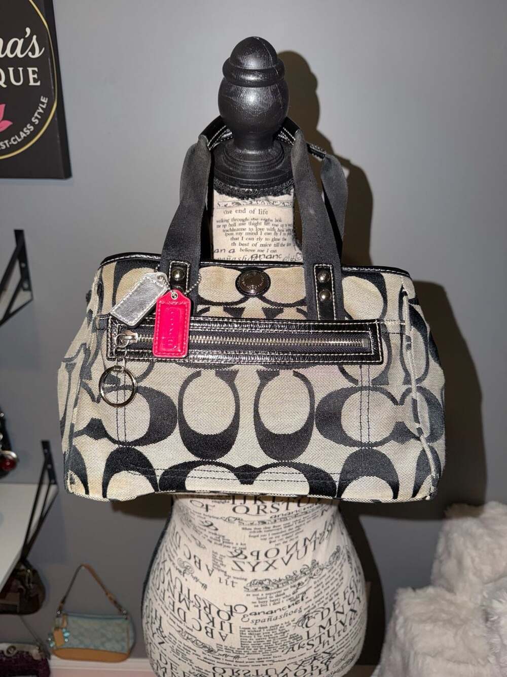 Coach Signature C Tote Bag Black White Pink F14877